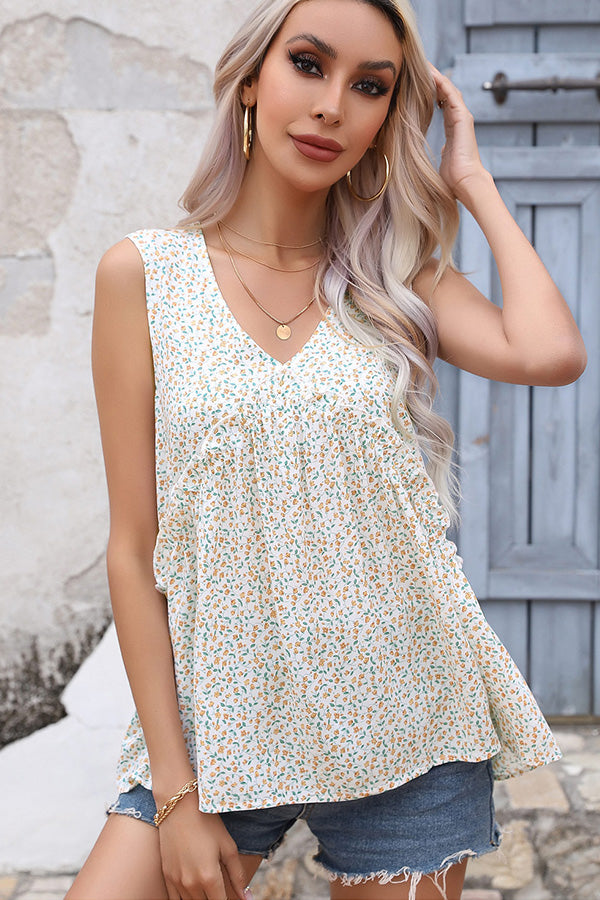 V Neck Floral Print Ruffled Casual Tops
