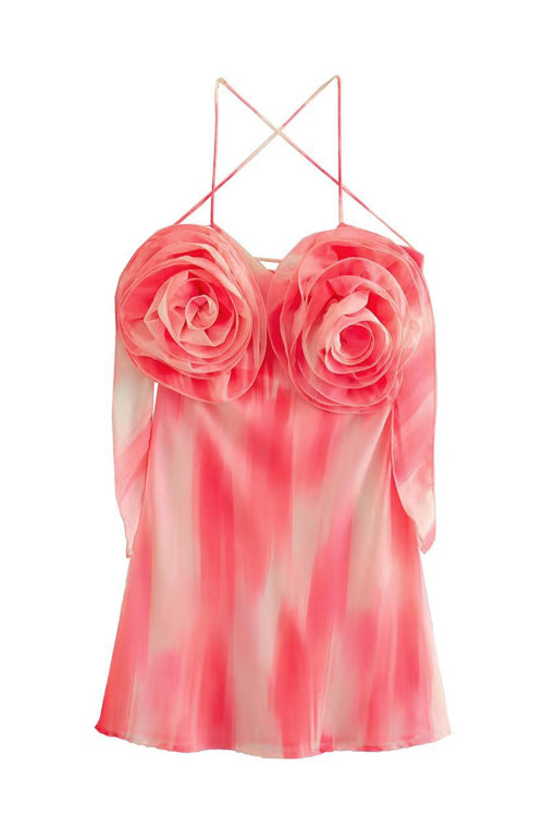 Strapless 3D Organza Rosette Watercolor Print Mini Dress 5