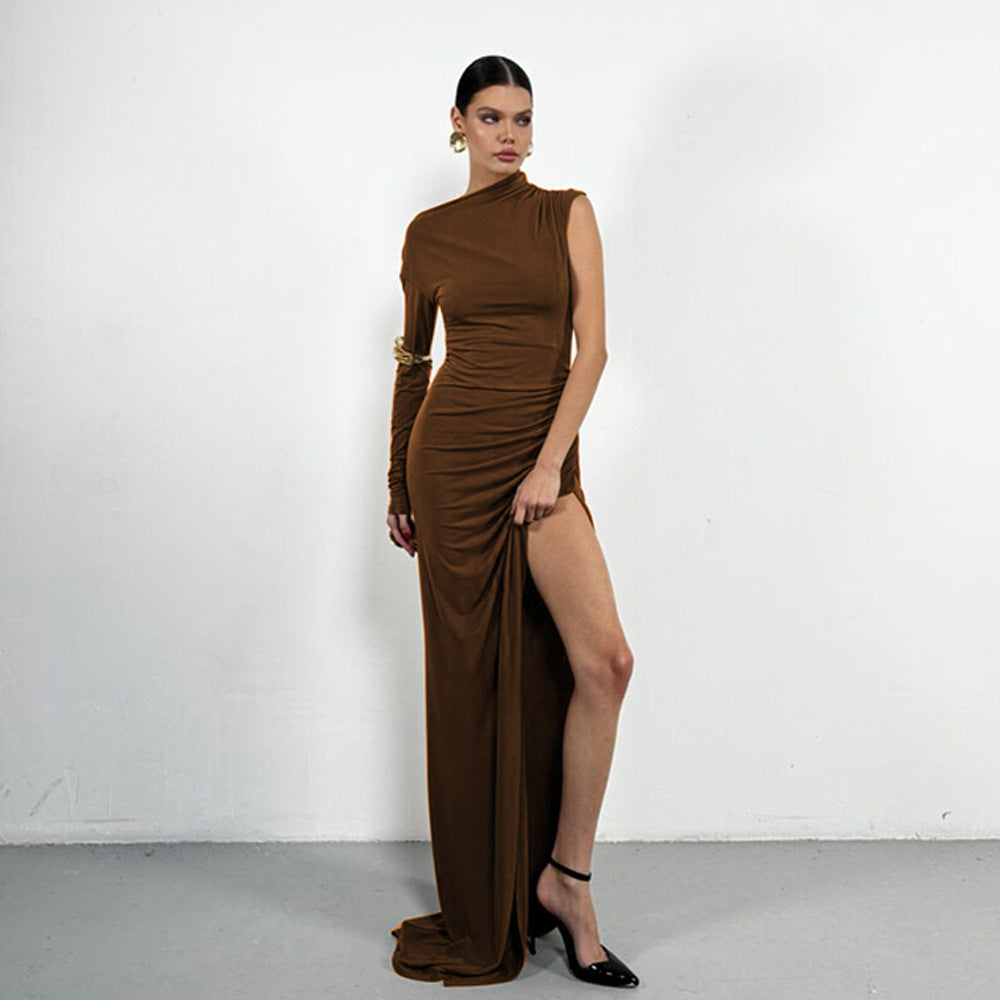 One Sleeve Mock Neck Ruched High Slit Jersey Maxi Dress