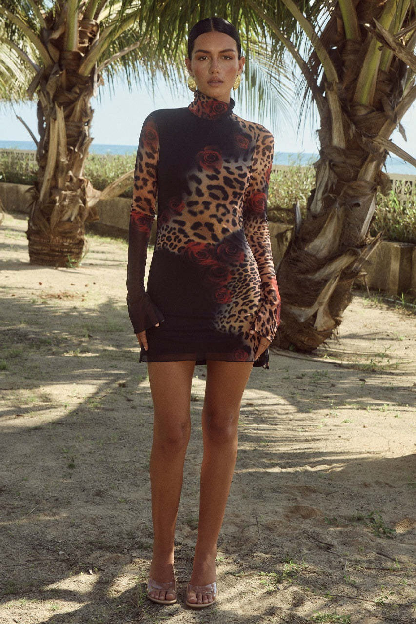 Print Floral Mock Neck Long Sleeve Sheer Bodycon Mini Dress 4