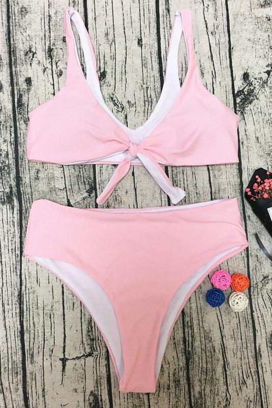 Pink Scoop Front Tie Knotted High Cut Sexy Bikini Swimsuit