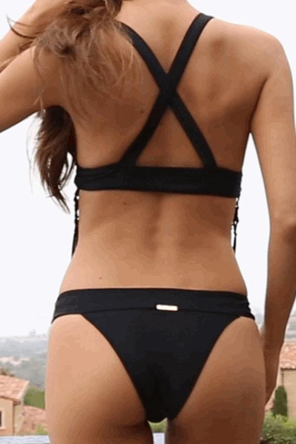 Black Plunging Braided Tassel Crossed Back Sexy Two Piece Swimsuit