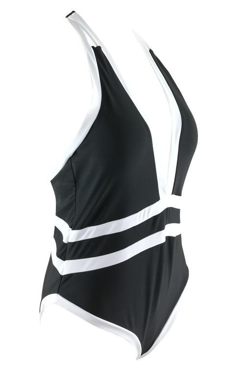 Black Plunging Halter Striped Contrast Cutout Tied Backless Sexy One Piece Swimsuit