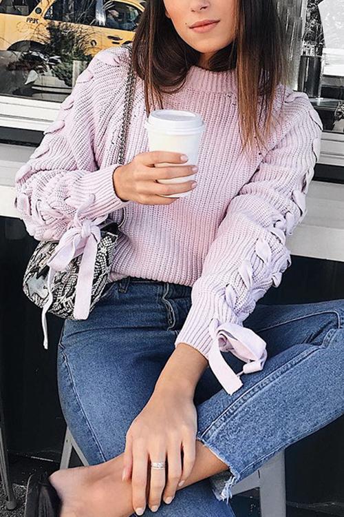 Sweet Round Neck Long Sleeve Strap Sweater