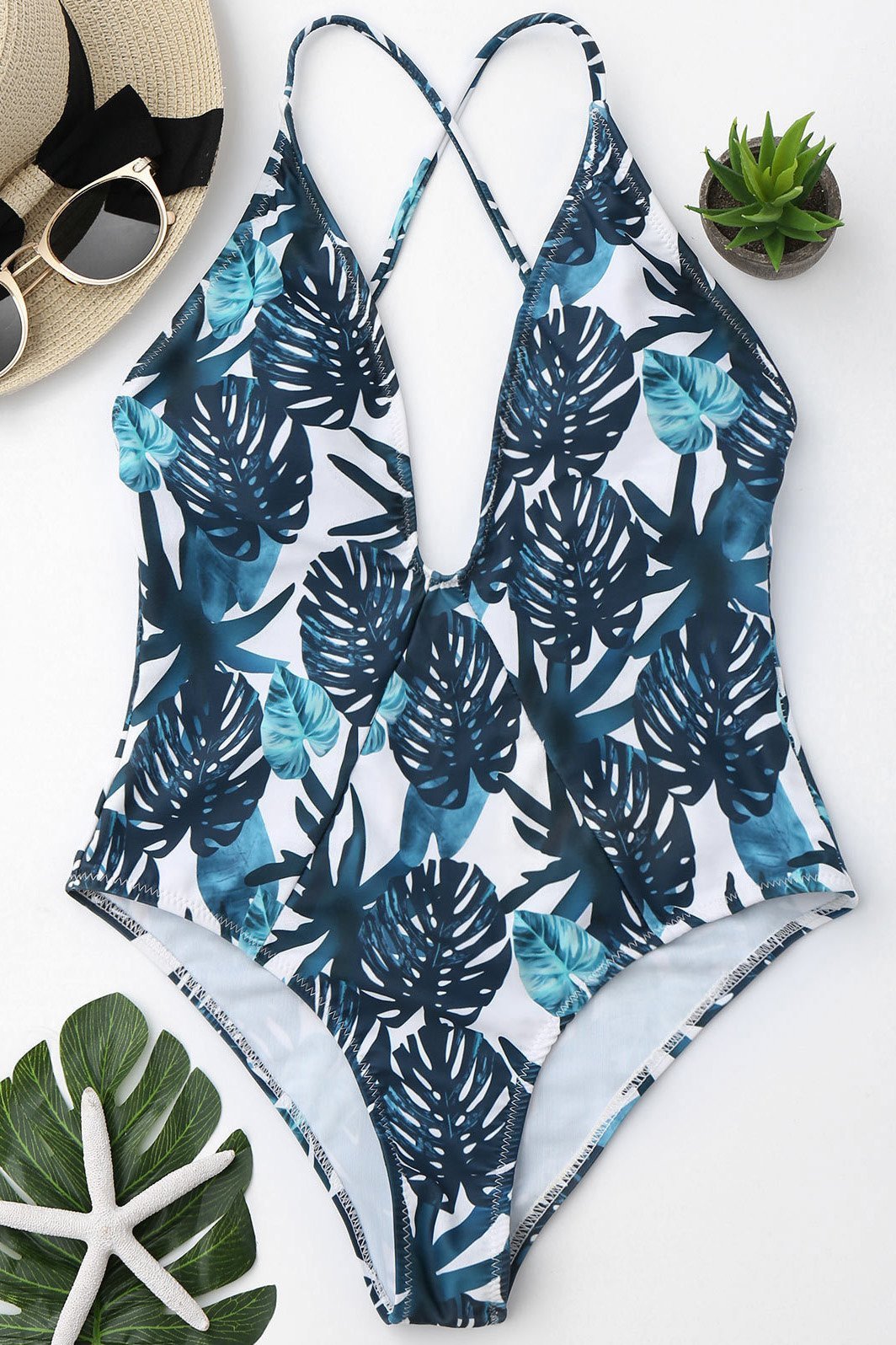 Green Tropical Palm Leaf Print Plunge V Neck Sexy One Piece Swimsuit