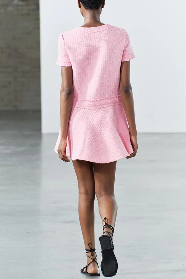 Metal Button Short Sleeve Round Neck Tweed Fit-and-Flare Mini Dress 11