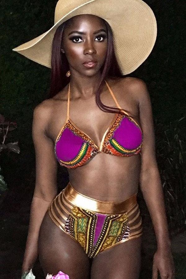 Fuchsia African Tribal Print Halter High Waisted Sexy Bikini Swimsuit