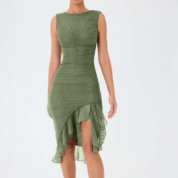 Crew Neck Sleeveless Horizontal Ruched Mesh Asymmetric Ruffle Midi Dress
