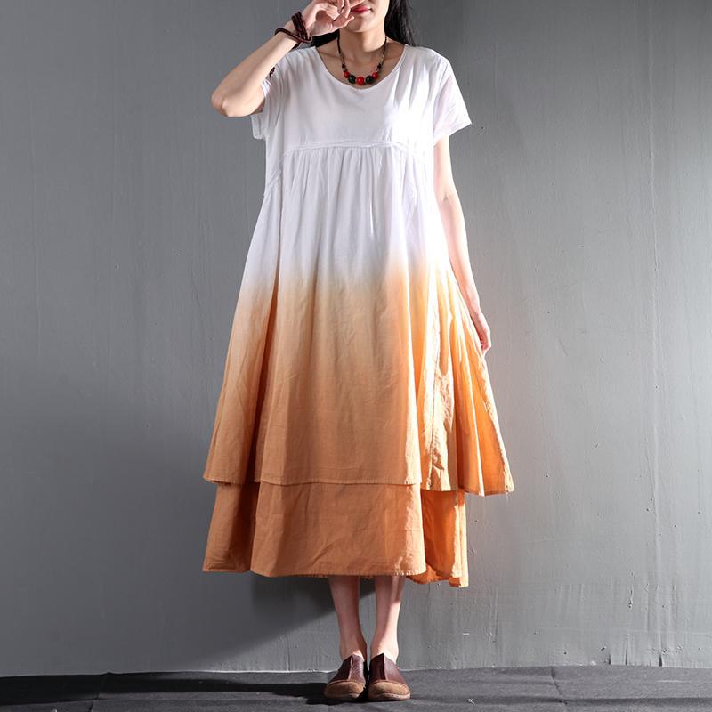 Round Neck Short Sleeve Tiered Ombre Dip Dye Linen Midi Dress