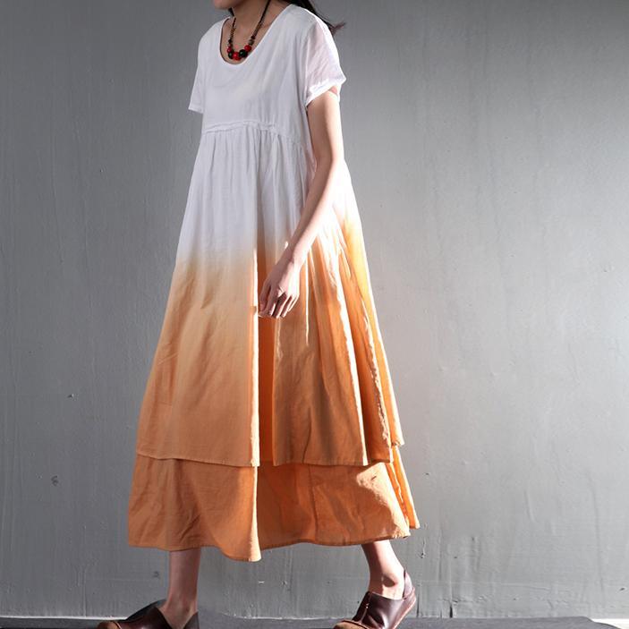 Round Neck Short Sleeve Tiered Ombre Dip Dye Linen Midi Dress 2