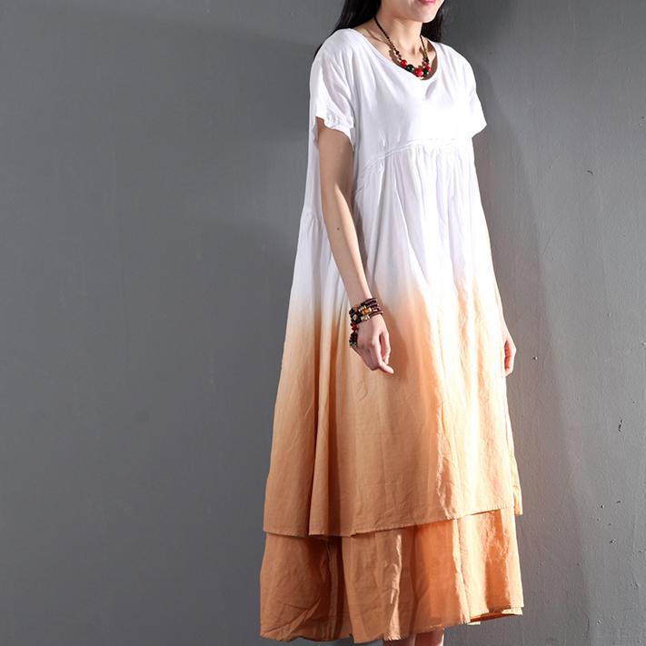 Round Neck Short Sleeve Tiered Ombre Dip Dye Linen Midi Dress 3