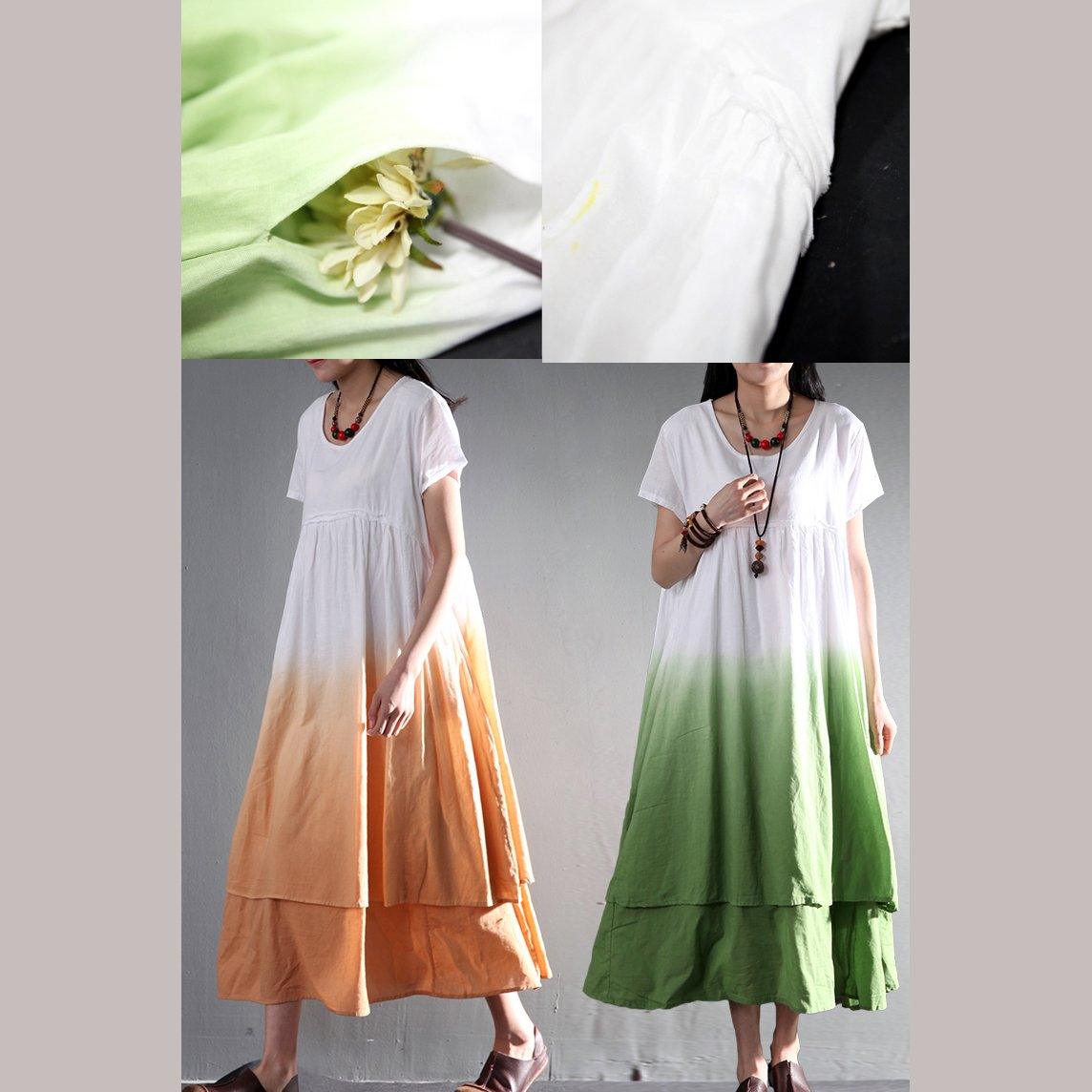 Round Neck Short Sleeve Tiered Ombre Dip Dye Linen Midi Dress 5