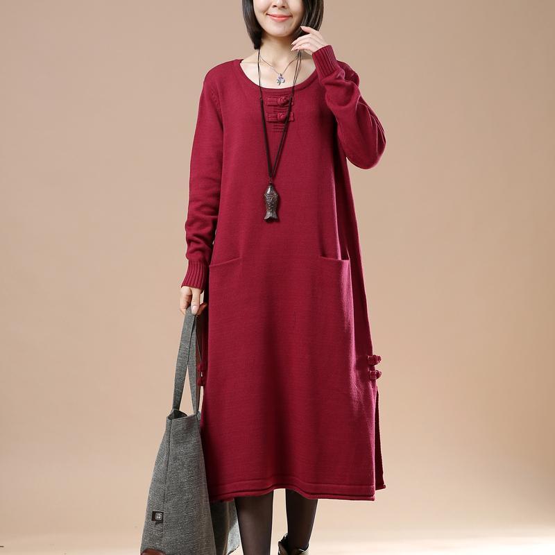 Scoop Neck Frog Button Patch Pocket Rib Cuff Knit Midi Sweater Dress