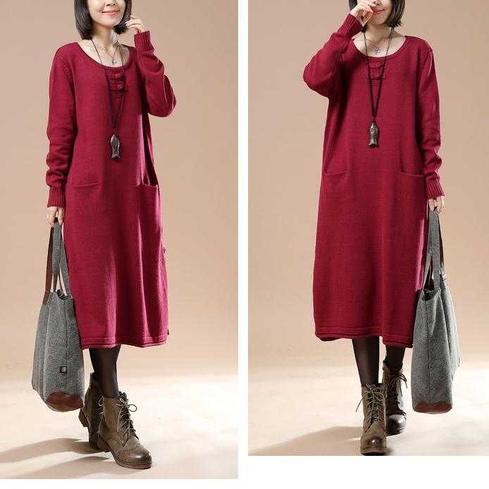Scoop Neck Frog Button Patch Pocket Rib Cuff Knit Midi Sweater Dress 2