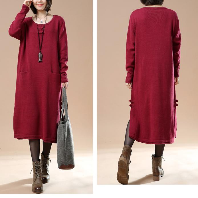 Scoop Neck Frog Button Patch Pocket Rib Cuff Knit Midi Sweater Dress 4