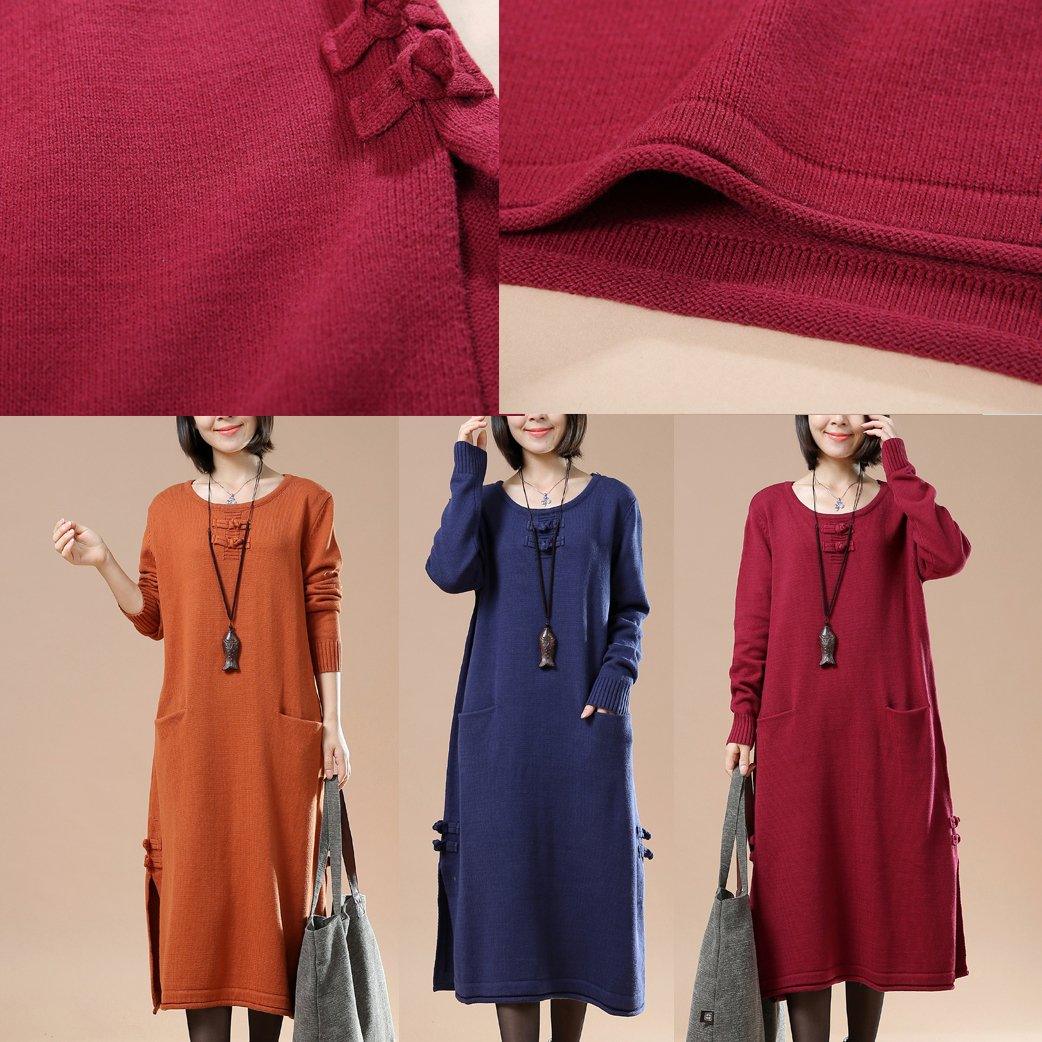 Scoop Neck Frog Button Patch Pocket Rib Cuff Knit Midi Sweater Dress 5