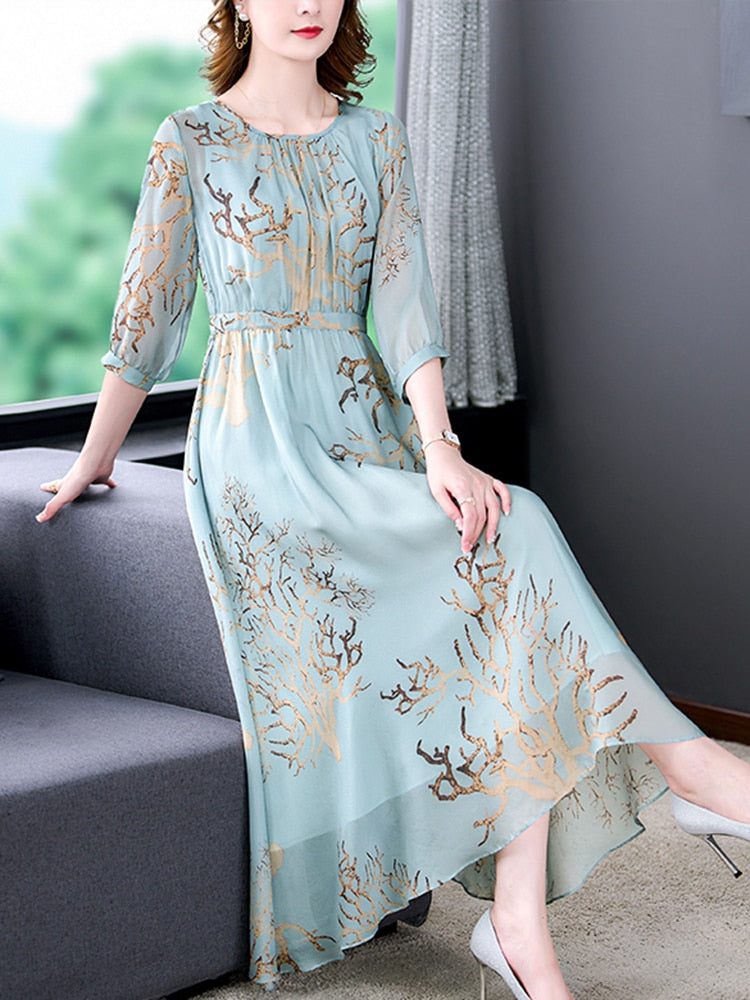 Round Neck Three Quarter Sleeve Metallic Branch Print Midi Dress