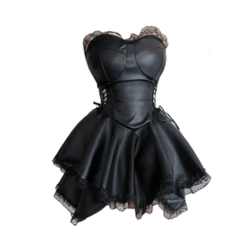 Off Shoulder Faux Leather Corset Lace Trumpet Sleeve Tiered Ruffle Mini Dress 5
