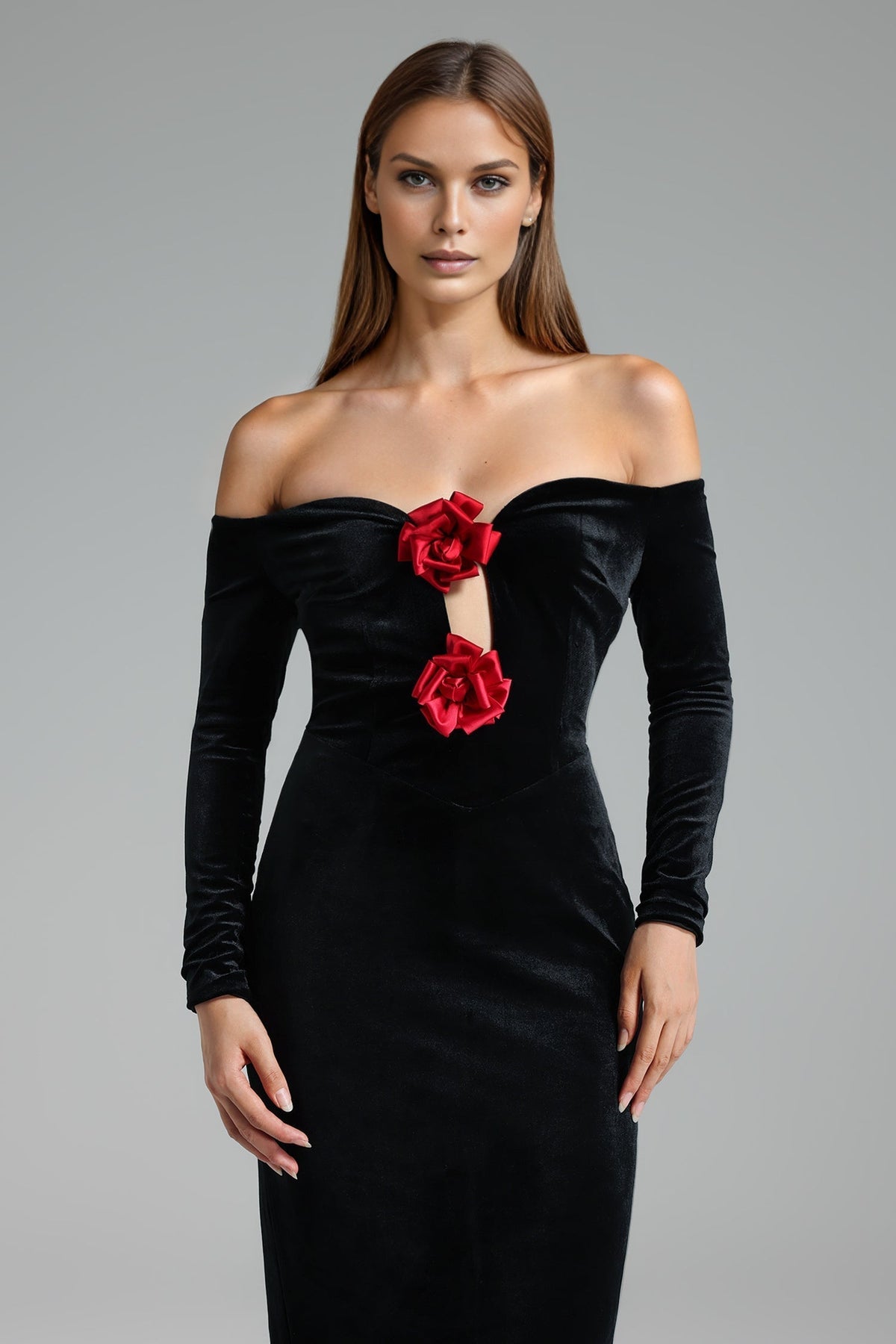 Off Shoulder Floral Velvet Long Sleeve Maxi Dress 2