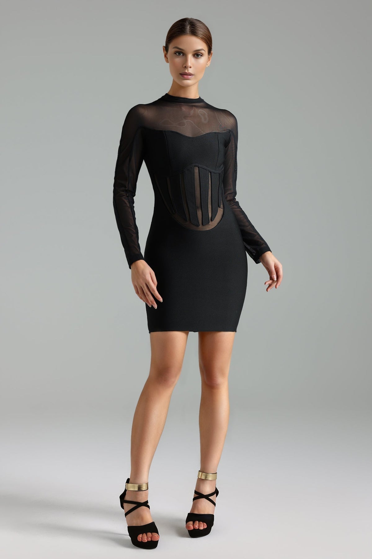 Mock Neck Long Sleeve Mesh Cage Bodice Bandage Mini Dress