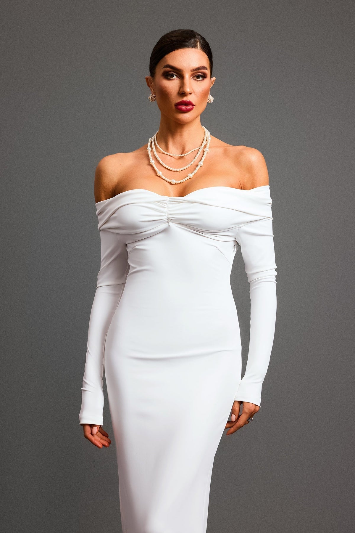 Off Shoulder Ruched Long Sleeve Backless Column Maxi Dress 5