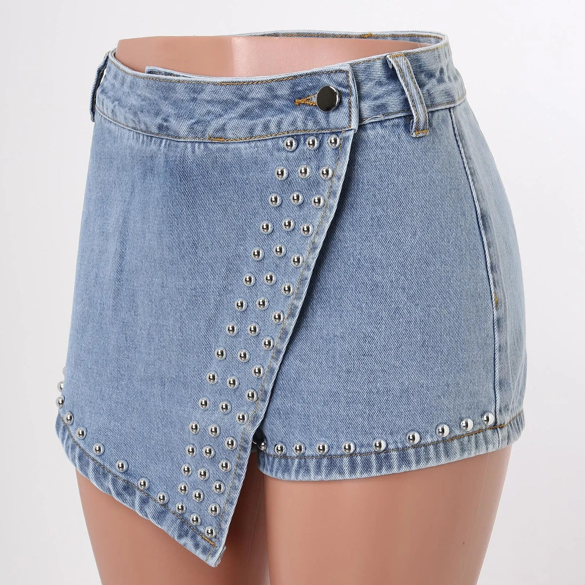 Light Blue Studded Wrap Asymmetric Denim Skort