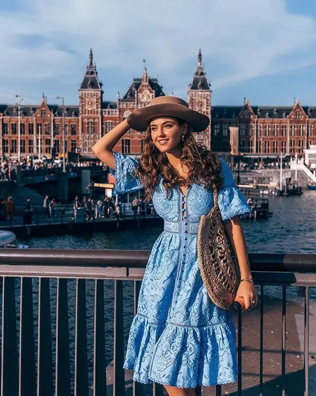 Lace Eyelet V-Neck Button Front Bell Sleeve Tiered Scalloped Hem Midi Dress 2