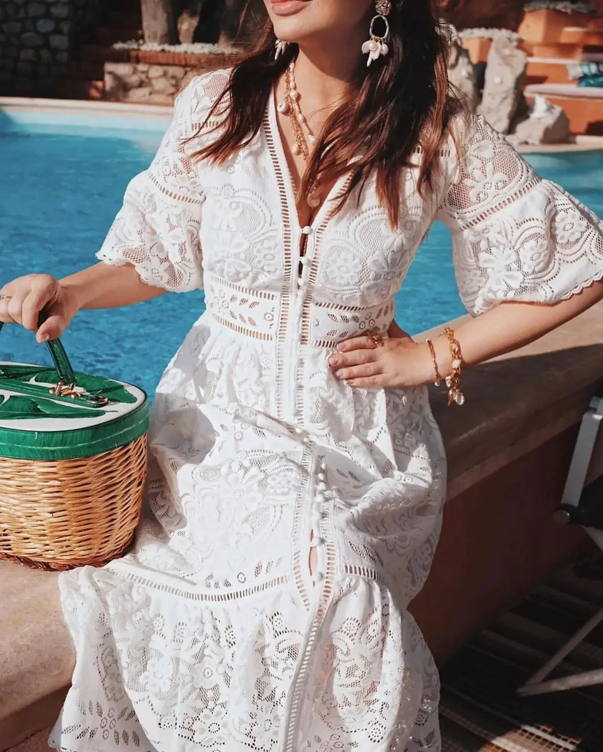 Lace Eyelet V-Neck Button Front Bell Sleeve Tiered Scalloped Hem Midi Dress 4