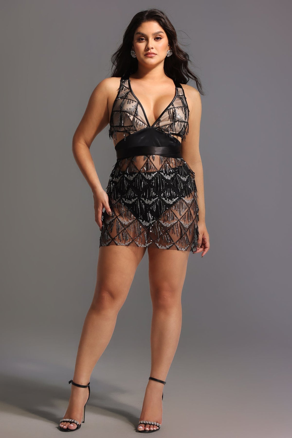 Deep V Neck Satin Waistband Geometric Lattice Beaded Fringe Mini Dress 2