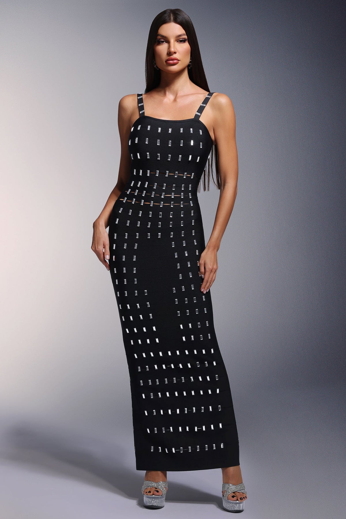 Square Neck Studded Ladder Cutout Bandage Column Maxi Gown
