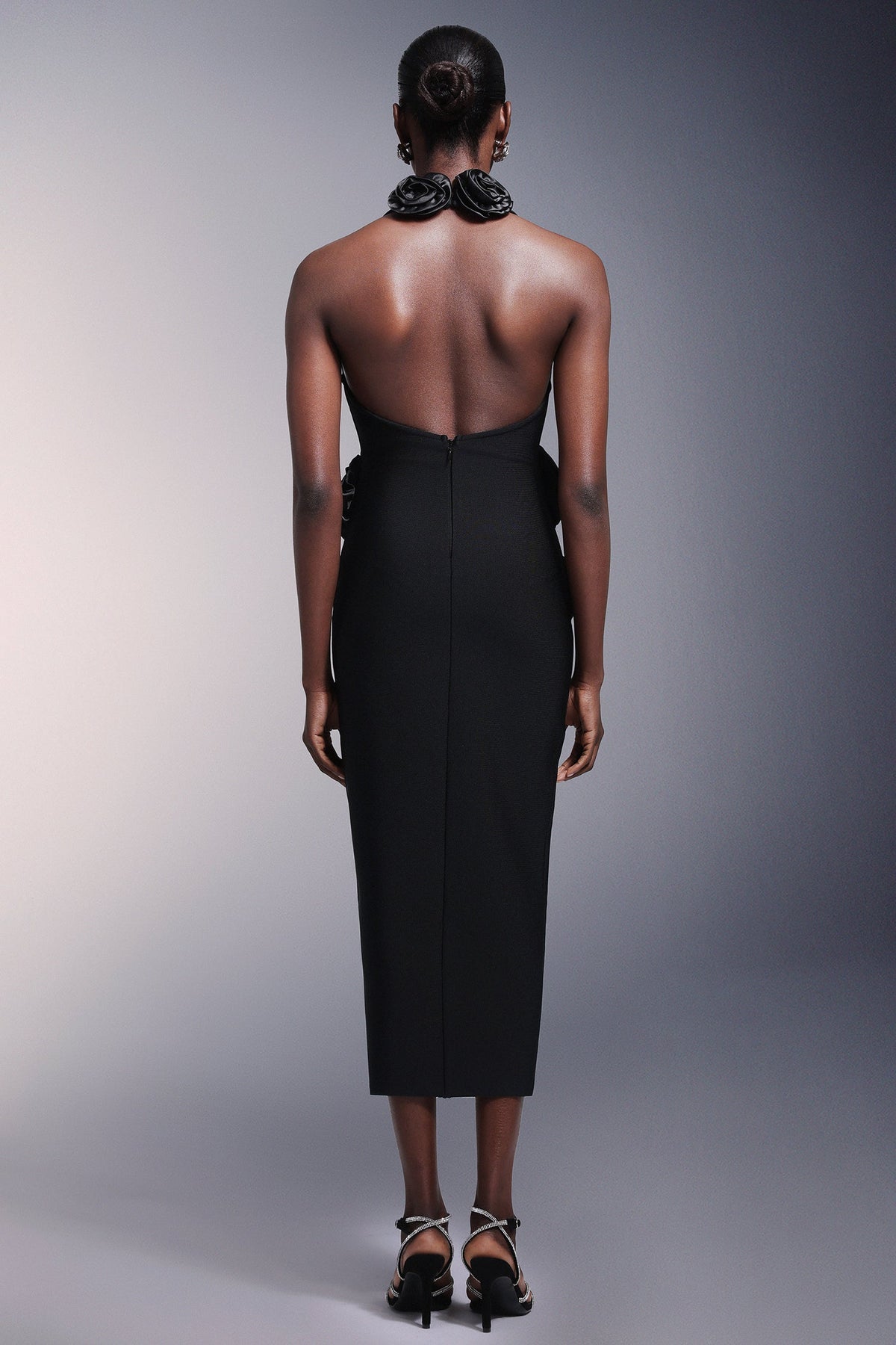 Halter Neck Deep V-Neck Rosette Applique Center Slit Bandage Midi Dress 6