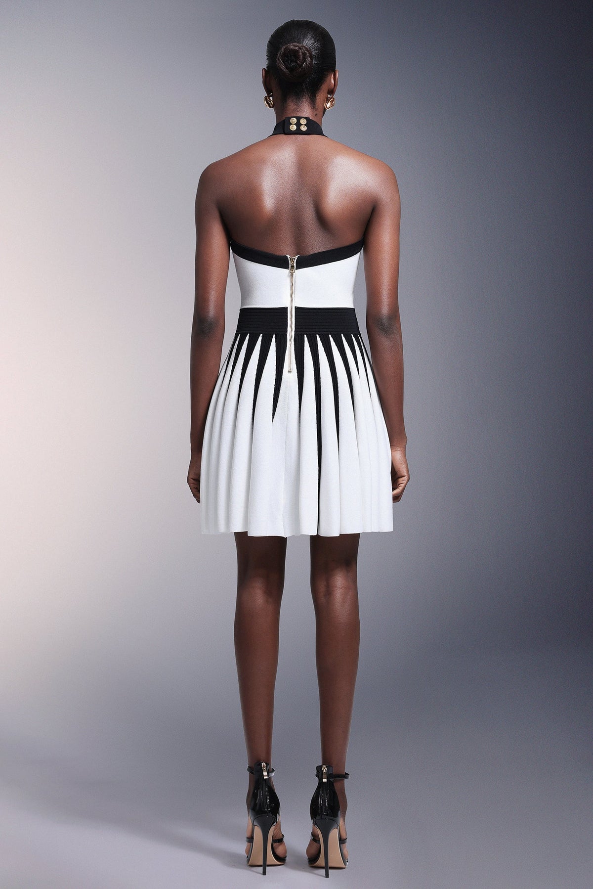 Halter High Neck 3D Rosette Metal Button Vertical Panel Pleated Mini Dress 6