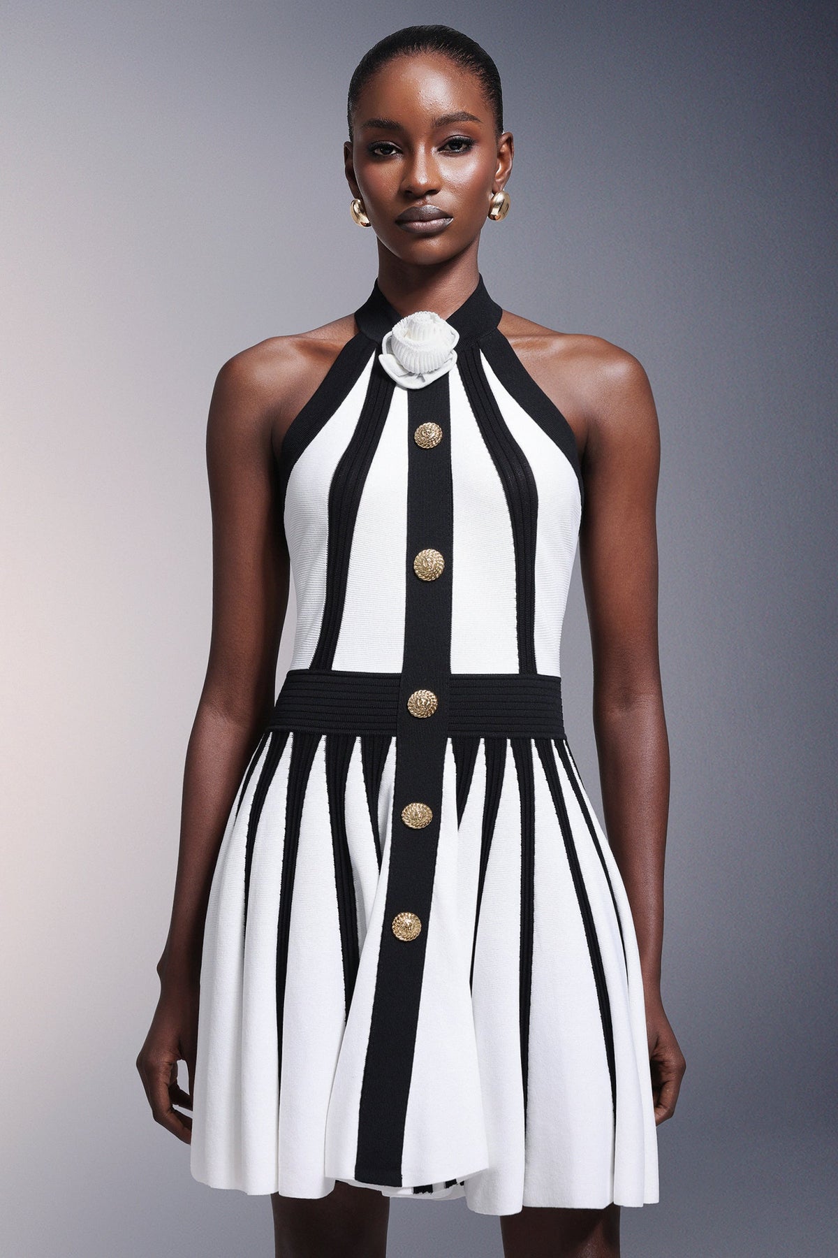 Halter High Neck 3D Rosette Metal Button Vertical Panel Pleated Mini Dress