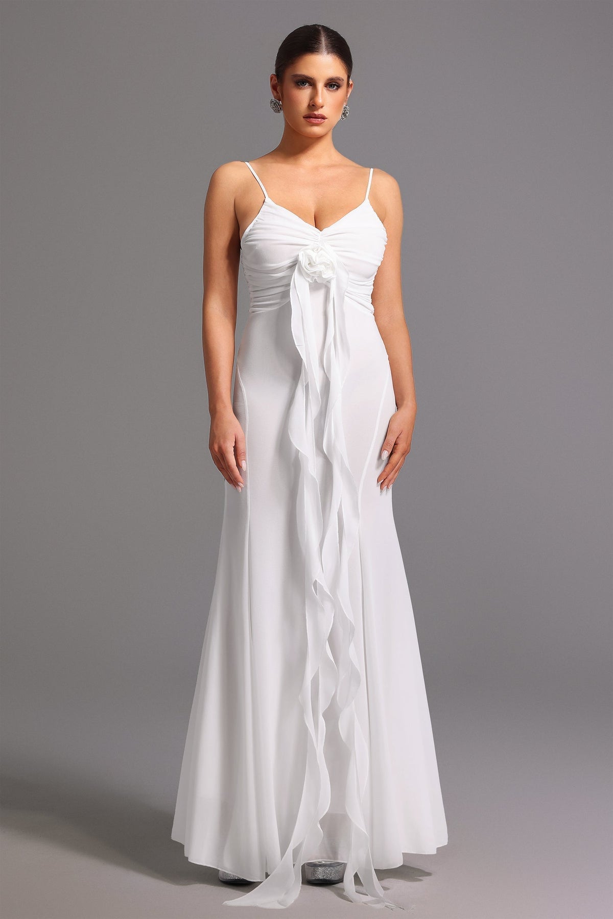 Spaghetti Strap Rosette Ruffle Cascade Chiffon Maxi Gown
