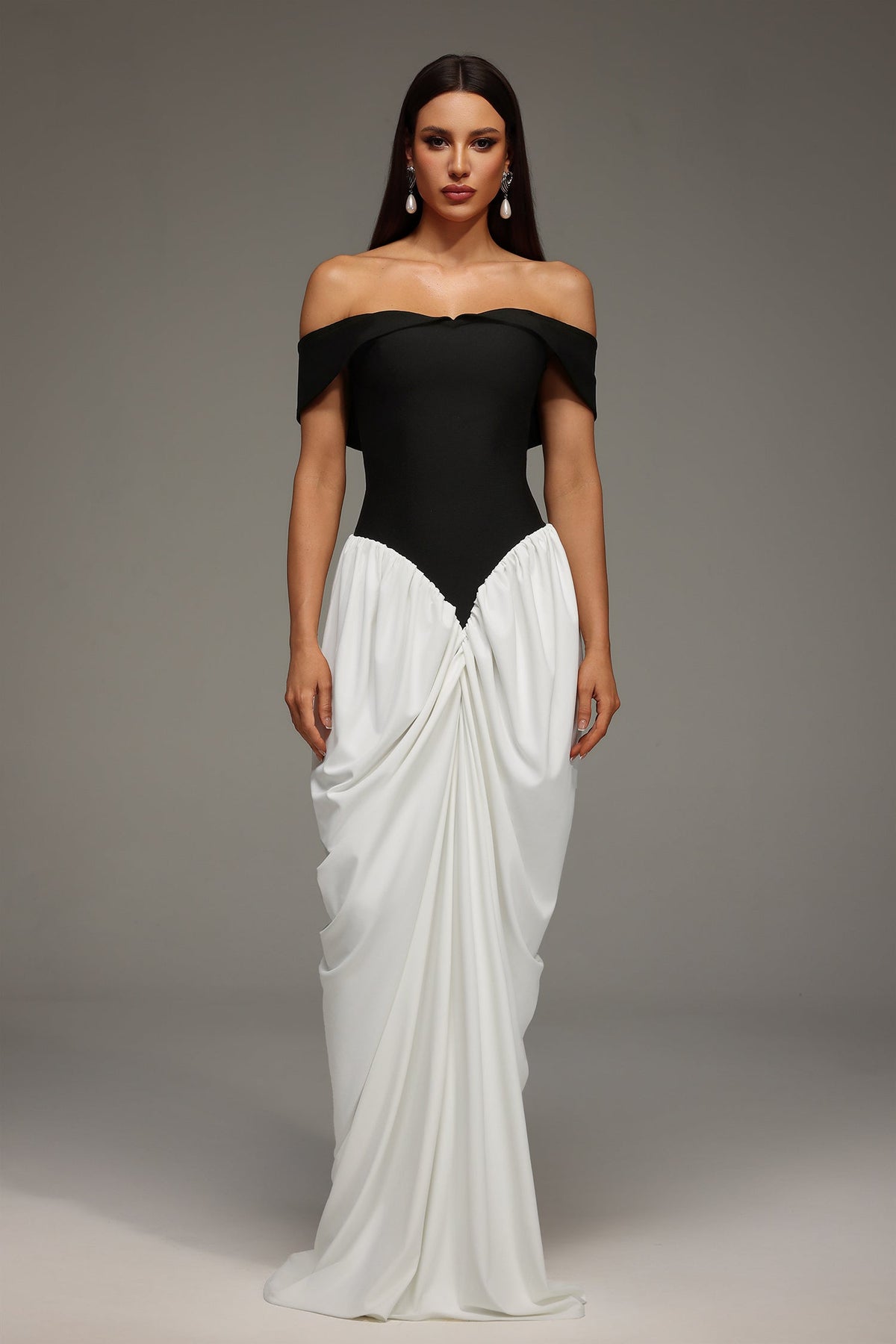 Off Shoulder Draped Contrast Panel Ruched Train Maxi Gown