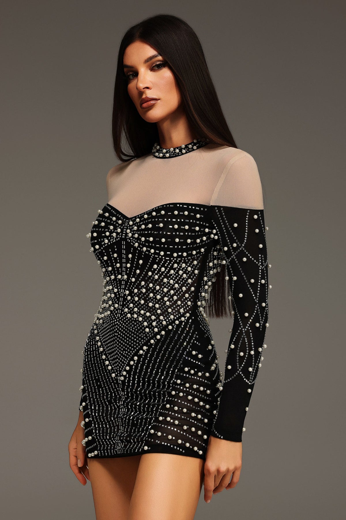 Mock Neck Sheer Yoke Pearl Rhinestone Geometric Long Sleeve Mini Dress 4