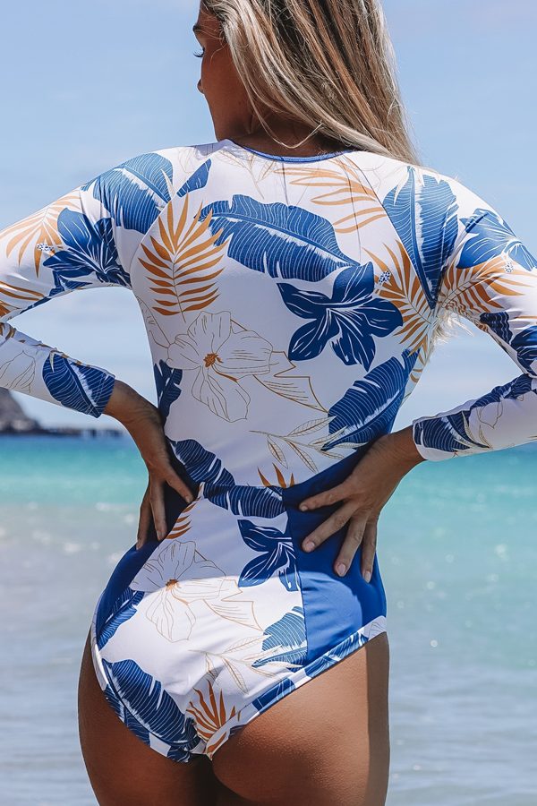 Long Sleeve Printed Zipper Up One Piece Surfing Swimsuit