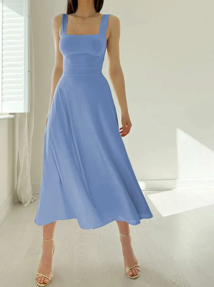 Square Neck Wide Strap A-Line Midi Dress 10
