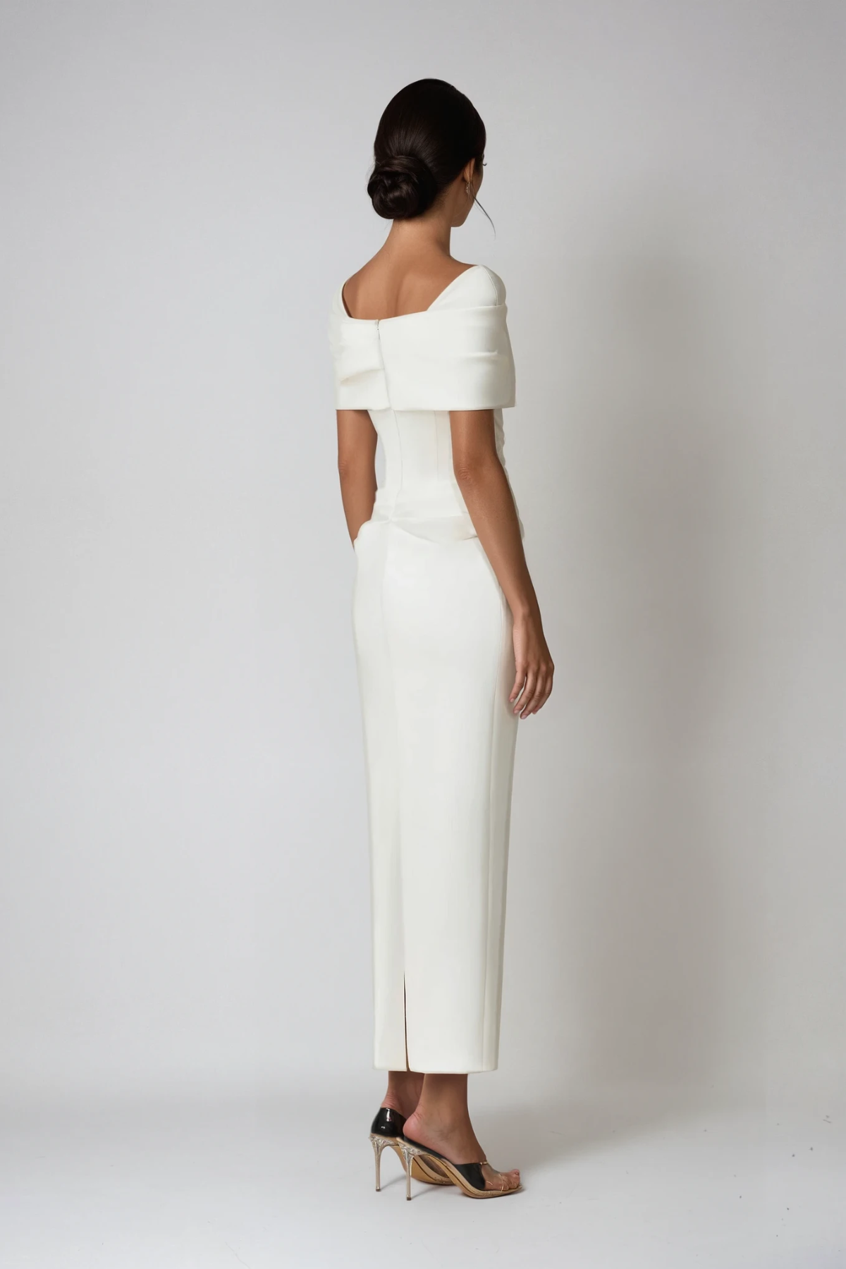 Off Shoulder Corset Bodice Waist Cutout Ruched Drape Column Maxi Dress 4