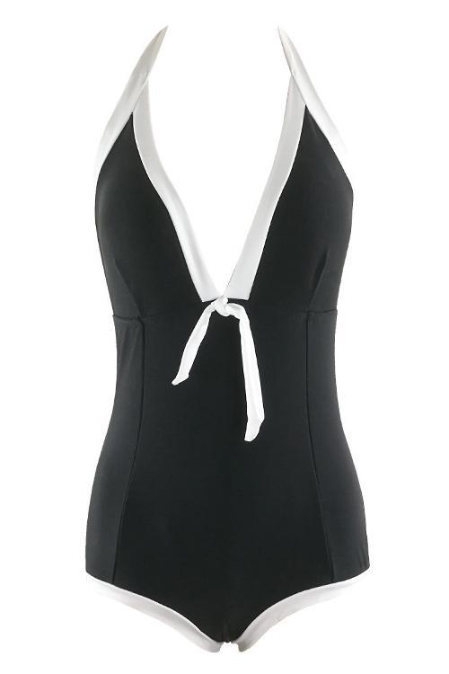 Black Plunging Halter Contrast Trim Backless Sexy Retro One Piece Swimsuit