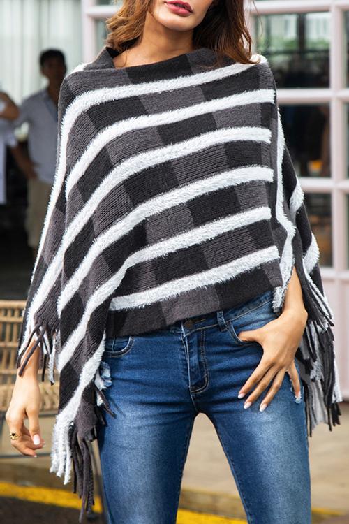 Contrast Striped Shawl Cloak Tassel Irregular Sweater