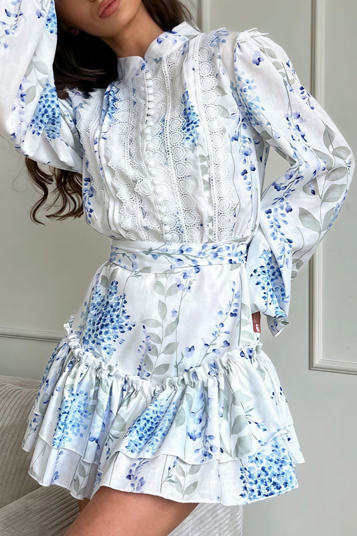 High Neck Lace Panel Button Front Bell Sleeve Tiered Ruffle Mini Dress