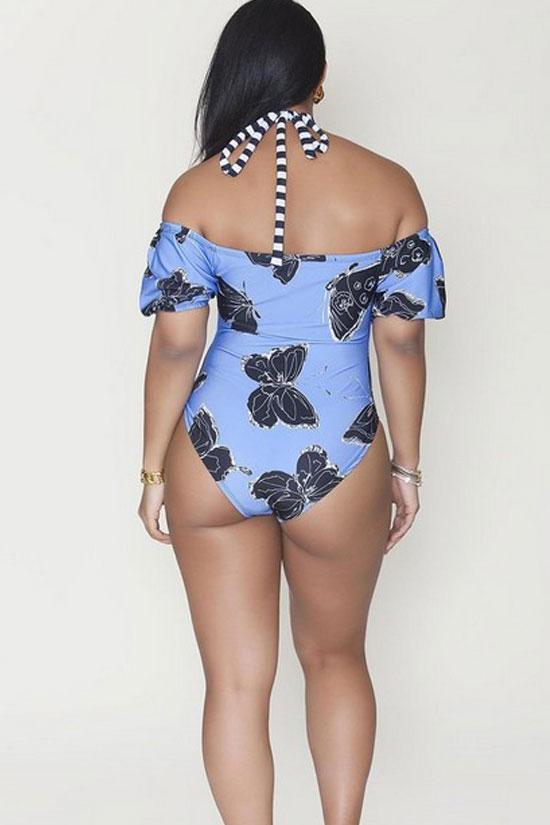 Plus Size Butterfly Print Off Shoulder One Piece Swimsuit