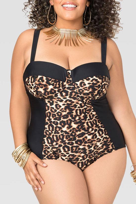 Plus Size Leopard Underwired Bandeau One Piece Swimsuit