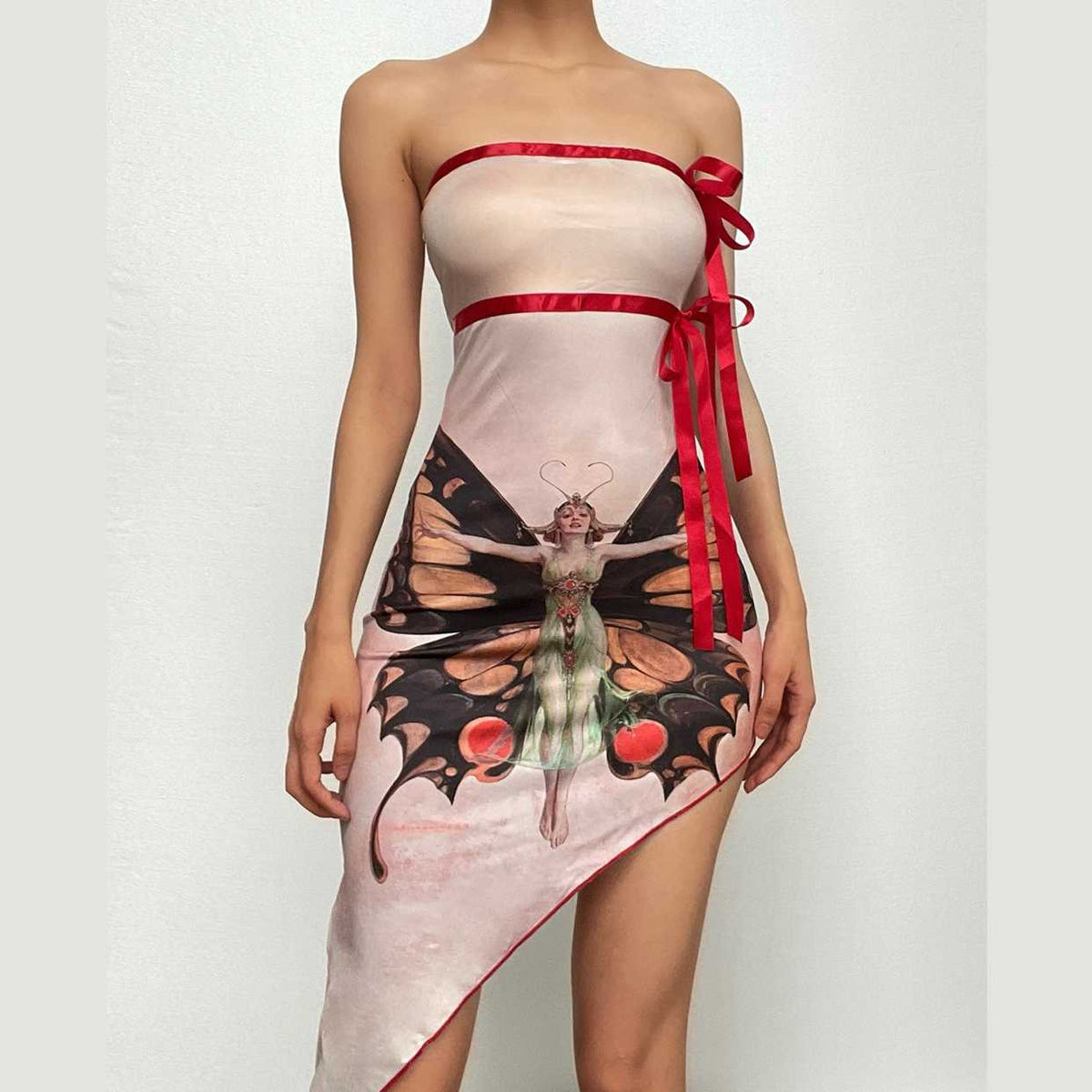 Butterfly Print Ribbon Trim Asymmetrical Hem Tube Mini Dress