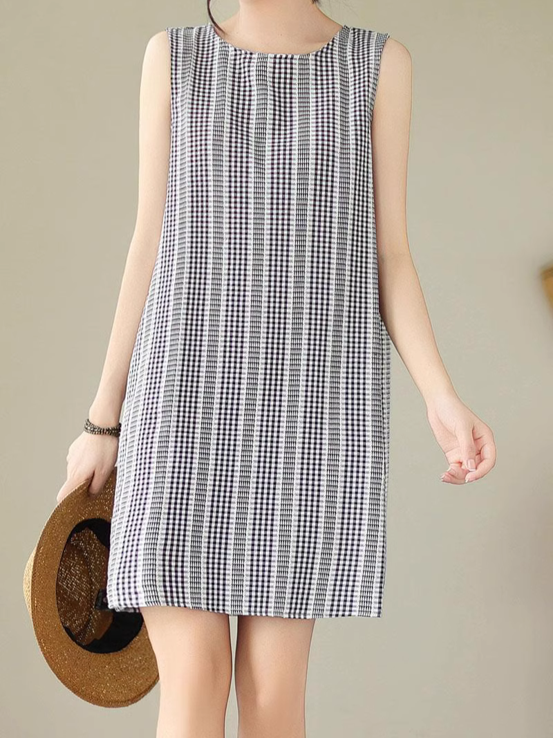 Sleeveless Crew Neck Vertical Gingham Stripe Shift Mini Dress