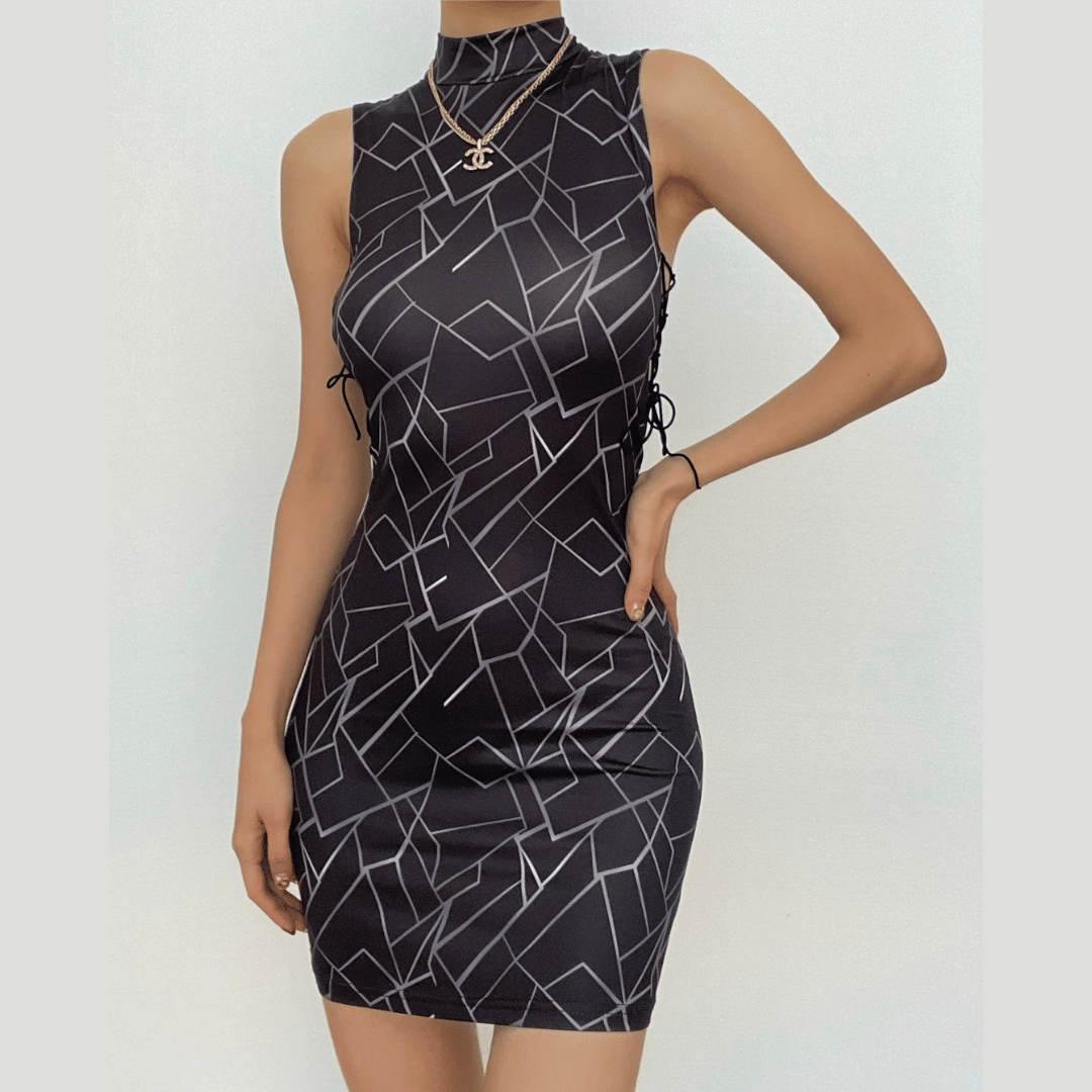 Mock Neck Geometric Print Side Lace Up Bodycon Mini Dress