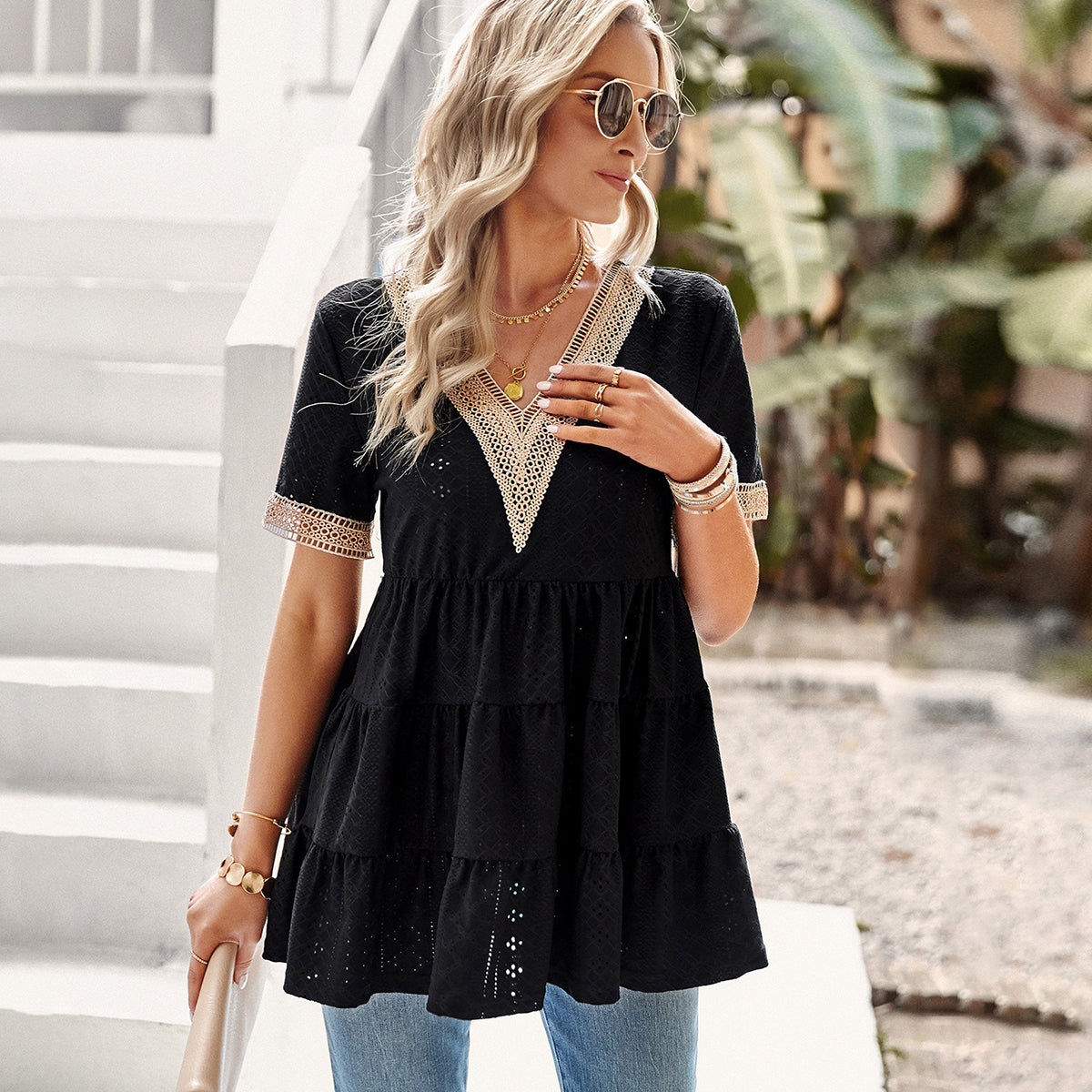 V Neck Lace Patchwork Ruffled Casual Tops
