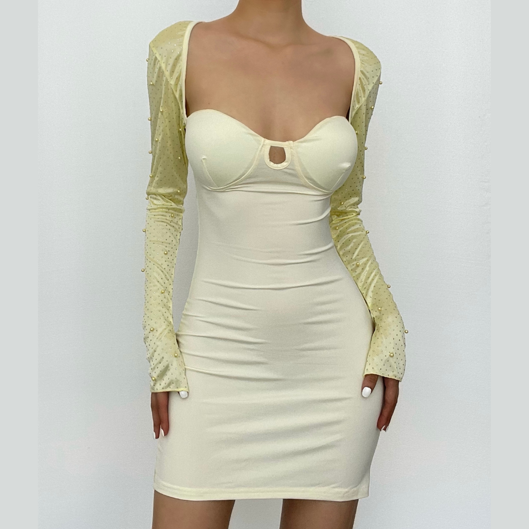 Hollow Out Beaded Mesh Sleeve Sweetheart Keyhole Ruched Zip Mini Dress