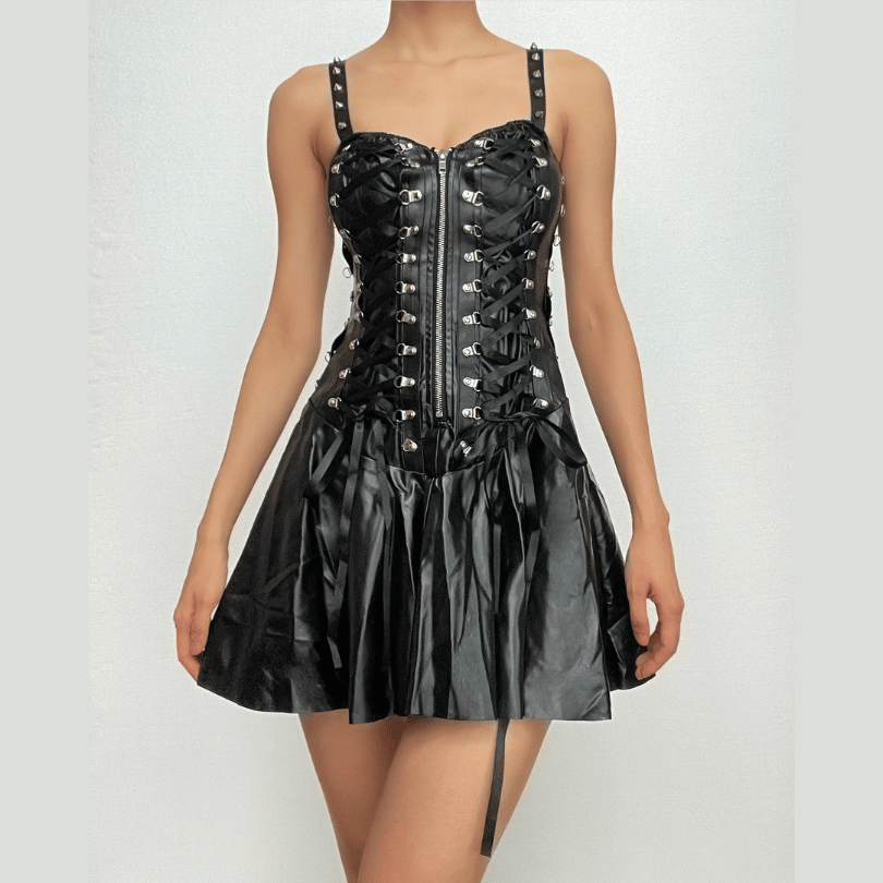 Faux Leather Sweetheart Zip Front Lace Up Side Pleated Mini Dress